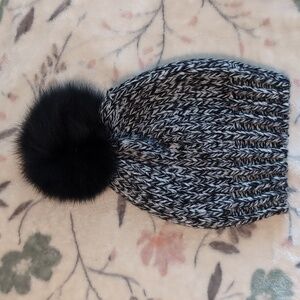 Little Litzzy Black and White Knit Beanie with Fur Pom Pom